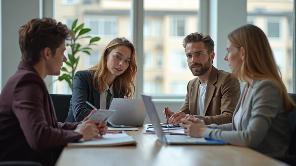 En grupp professionella människor samarbetar och diskuterar vid ett konferensbord under en träning