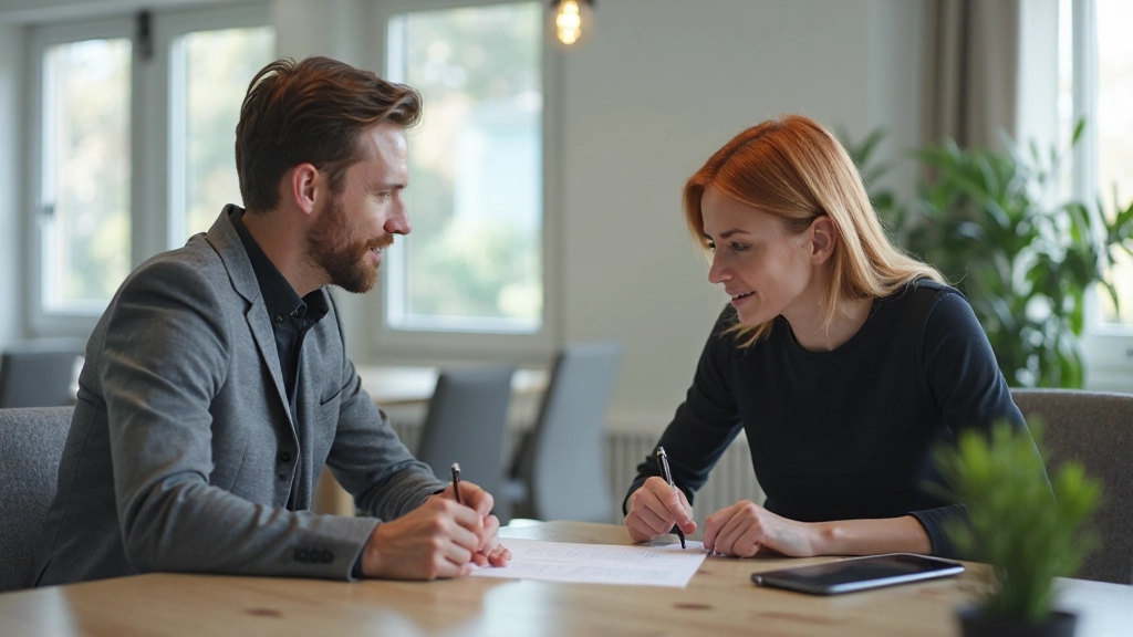 Två professionella personer diskuterar strategi och utvecklingsplan vid mötesbord