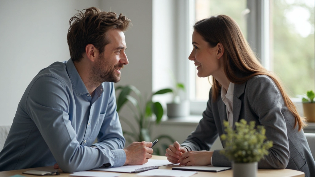 Två professionella personer i en meningsfull samtal vid ett kontorsbordet med anteckningsblock och kaffe, naturlig belysning från fönster