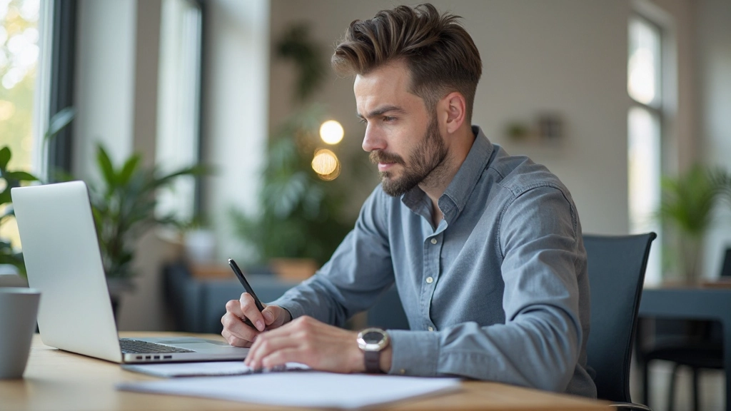 Professionell person arbetar fokuserat vid skrivbord med anteckningsbok och laptop