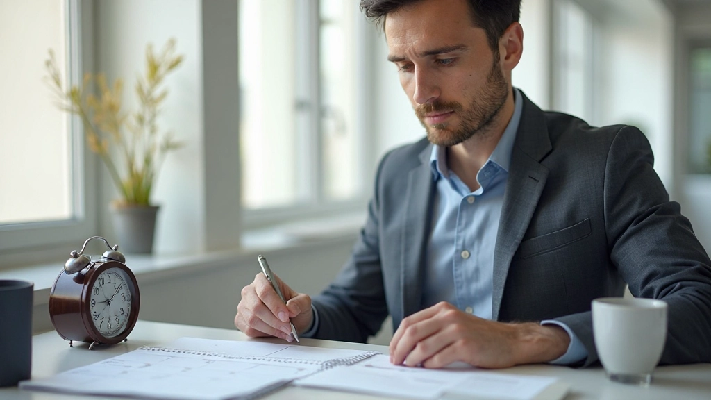 En produktiv arbetsplats med organiserade arbetsmaterial, anteckningsblock och tid-blockeringsklocka synlig