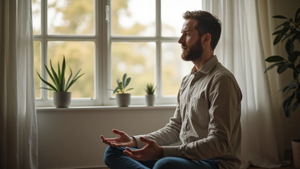 Person som mediterar vid fönster med naturligt ljus, lugn inomhusmiljö