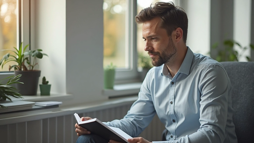 Person som reflekterar vid fönster med anteckningsbok, inre kontorsbelysning, suddig bakgrund