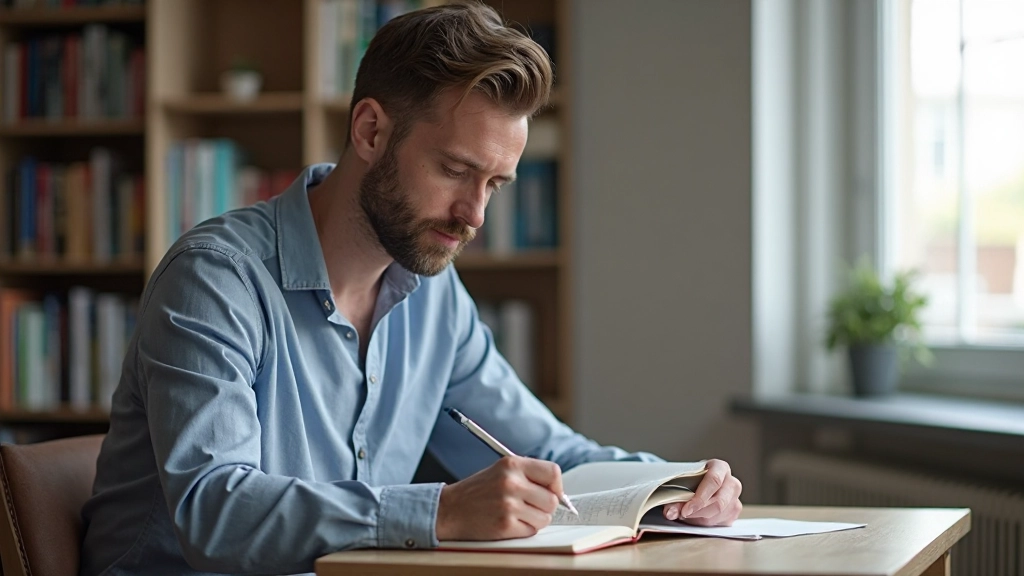 Professionell läser från bok och tar anteckningar för kontinuerlig personlig utveckling