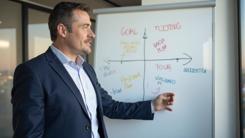 En professionell man demonstrerar målsättningstekniker vid ett whiteboard under en workshop