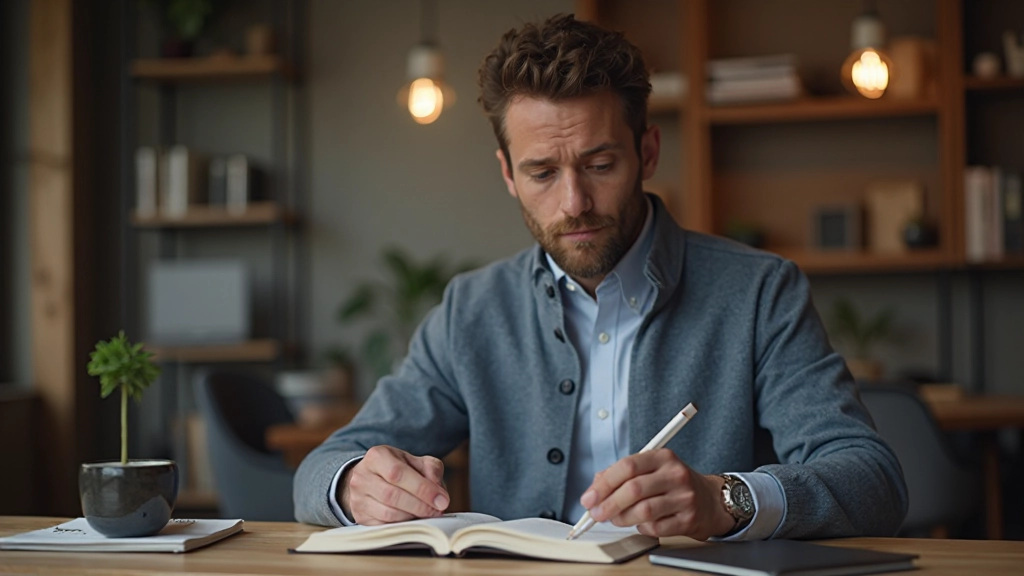 Professionell person läser och antecknar från en utvecklingsbok vid skrivbordet