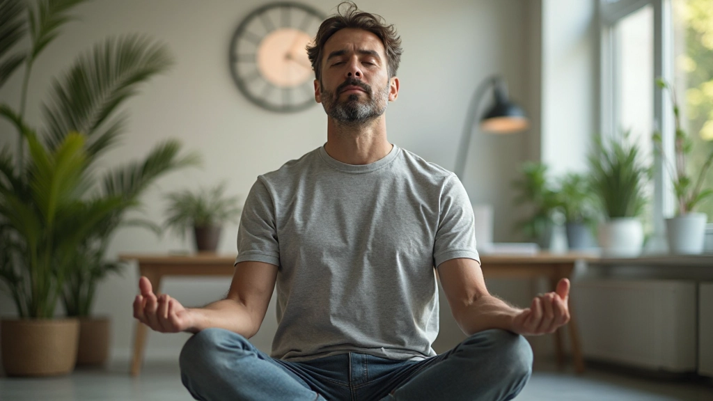 En lugn yrkesperson utövar meditation och mindfulness i sitt kontor för att förbättra fokus och prestanda