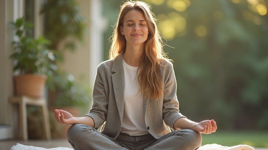 Person demonstrerar mindfulness och meditation i lugn miljö med fokuserat uttryck