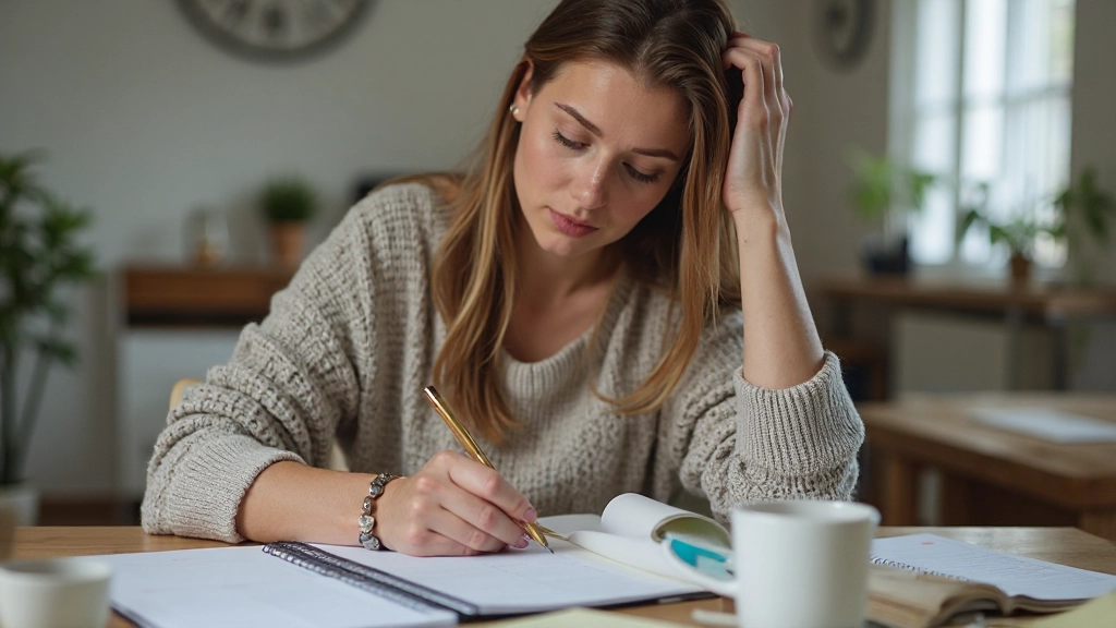 En person som studerar anteckningar på sitt skrivbord med motiverande affischer på väggen bakom