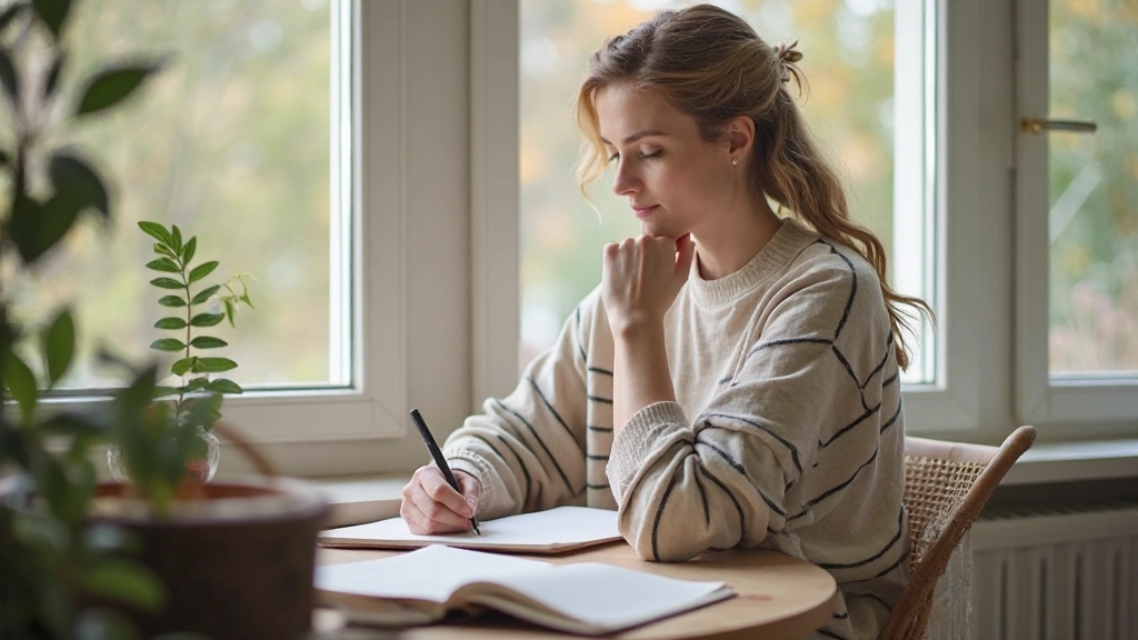 Person reflekterar och planerar med journal, fokuserad på personlig tillväxt och mål