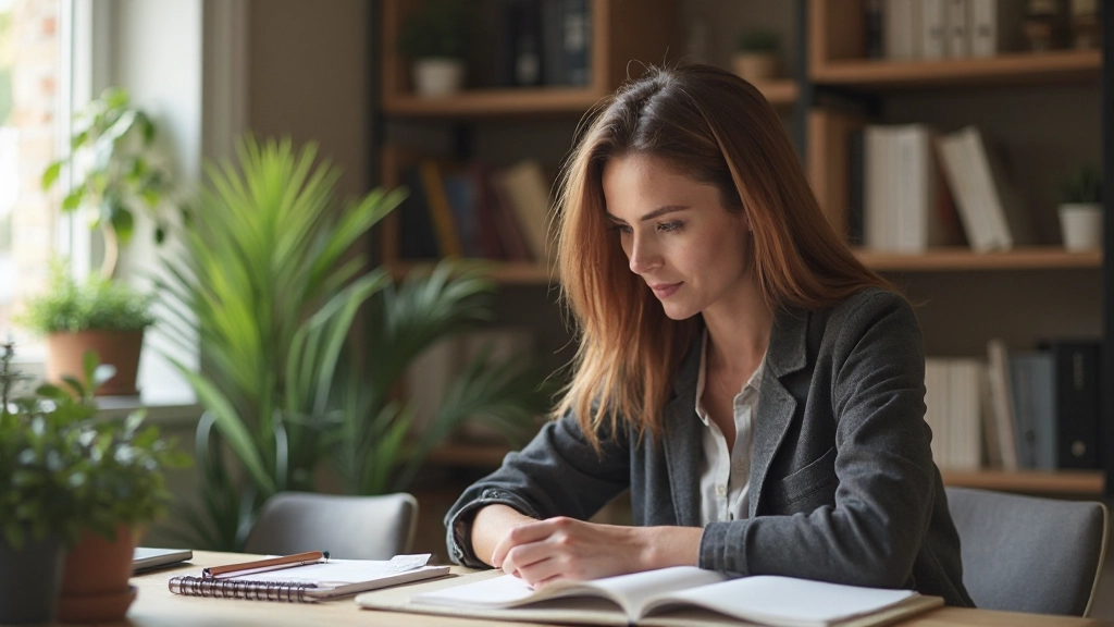 Person som läser bok vid skrivbord med anteckningar och lärningsresurser, inspirerande studiemiljö