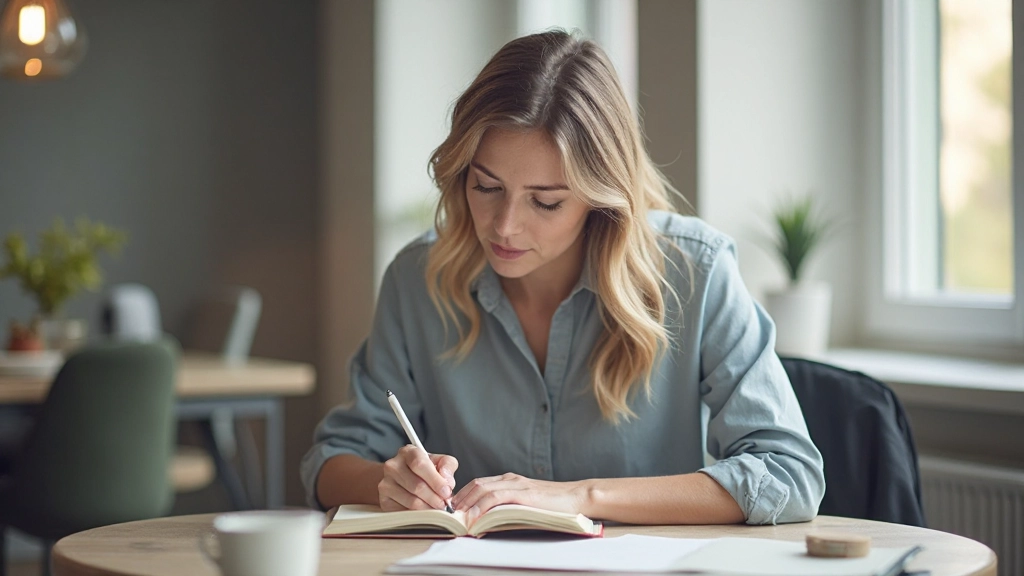 Professionell foto av en person som skriver i en dagbok vid ett modernt skrivbord, fokuserad reflektion, naturlig ljusning från fönstret
