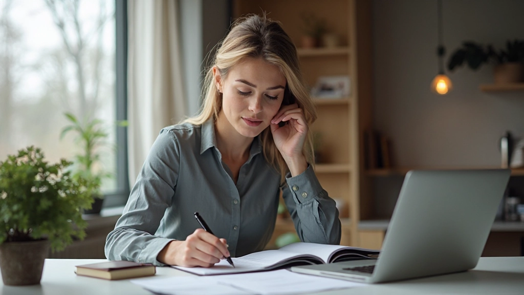 Fokuserad person arbetar med personlig utveckling vid modernt skrivbord med anteckningar