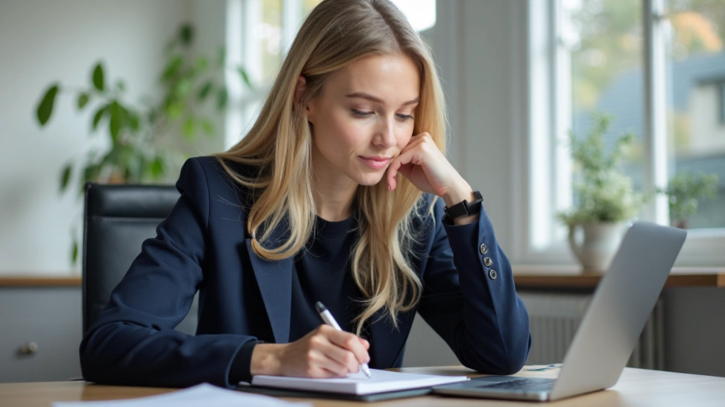 Professionell person arbetar fokuserat vid skrivbord med anteckningsbok och laptop