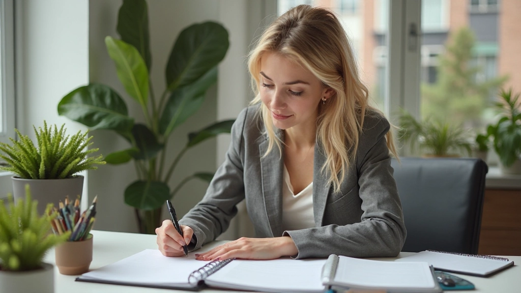 En fokuserad professionell arbetar vid sin dator med en organiserad skrivbord och tidshanteringssystem synligt